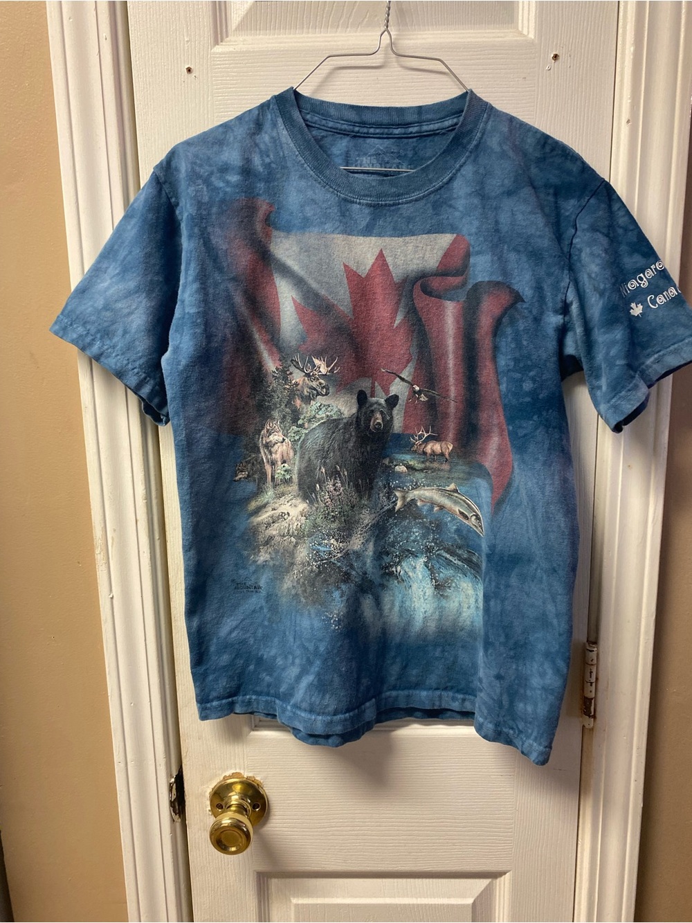 The Mountain Blue Tie-Dye Wildlife Graphic Tee with Red Maple Accent